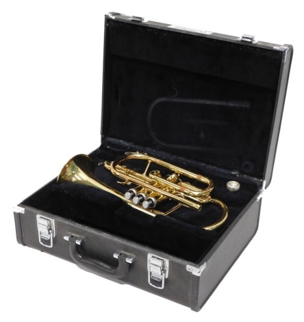 A Yamaha brass cornet, with three mother of pearl finished valves, 34cm long, with mouthpiece. (cased)