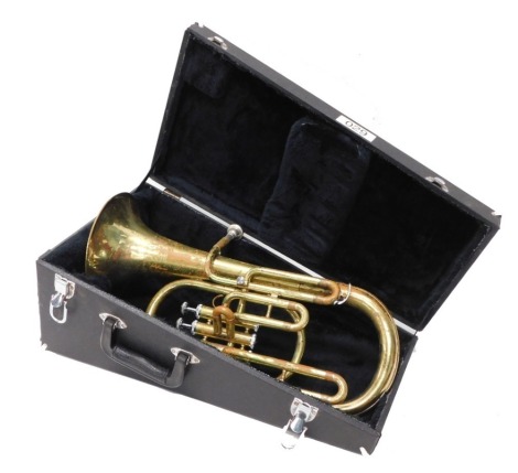 An Earlham brass tenor horn, with three valves, 52cm high, with mouthpiece, cased.