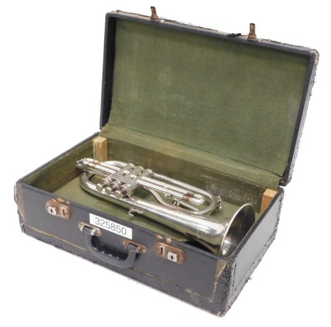 A Besson Westminster flugelhorn, with three valves, engraved 'Presented to the Lincoln Beevor Youth Band by Vice President Ernie Baddley November 1988', 58cm long, with mouthpiece. (boxed)