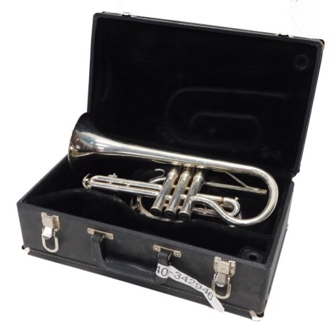 A Conn 34A cornet, with three mother of pearl finished valves, 37cm long. (cased)