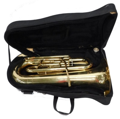 A brass JP177 baritone tuba, with three valves, with mouthpiece, 68cm high, in fitted case.