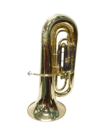 A brass tuba, with four valves, 110cm high, with a separate mouthpiece. (cased)