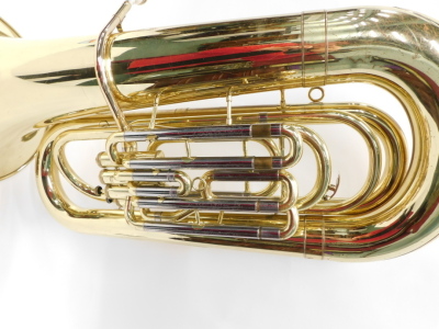 A brass tuba, with four valves, 110cm high, with a separate mouthpiece. (cased) - 2