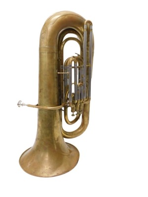 A brass tuba, with four valves, chrome mounts, 106cm high, with separate mouthpiece, in canvas case.