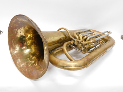 A brass tuba, with four valves, chrome mounts, 106cm high, with separate mouthpiece, in canvas case. - 3