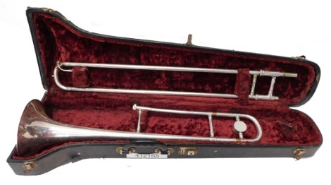 A Besson Academy two piece class 402 tenor trombone, the horn section 72cm long. (cased)