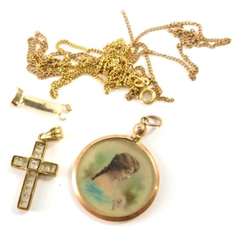 A 9ct gold stone set crucifix, two fine neck chains and a pendant photo mount.