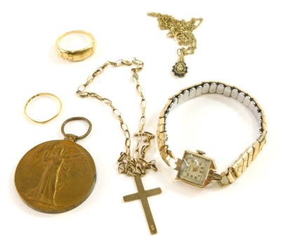 Various 9ct gold and yellow metal items, watch, WWI Victory medal, crucifix and chain, etc.