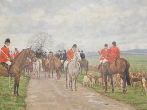 James W. Warren (20thC). Prince of Wales Hunting with the Grove and Retford Hunt, oil on canvas, signed, 50cm x 79cm, and a landscape print. (2)