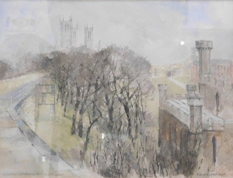 Keith Roper (b.1946). Lincoln Cathedral with Castle Walls, pastel, signed, titled and dated 1989, 28cm x 38cm.