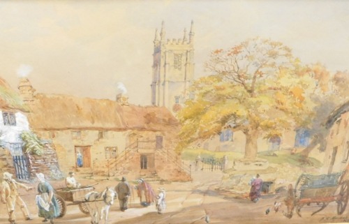 P. K. Marshall (19thC). Figures in a village with church spire in the distance, watercolour, signed and dated 1869, 23cm x 35cm.