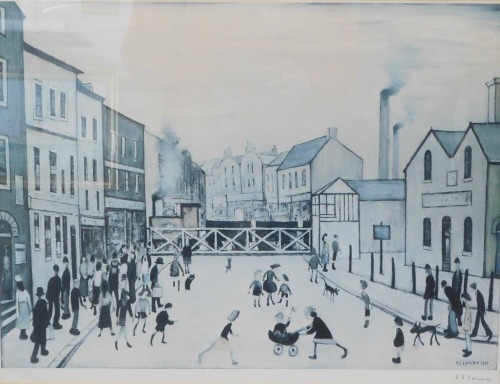 Laurence Stephen Lowry (1887-1976). The Level Crossing, Burton-on-Trent, artist signed print, H.D.L. watermark, 42cm x 57cm. (AF)