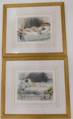 After Antoine Calbet. Sleeping nude, coloured mezzotint, 26cm x 31cm, and another - a pair. (2) - 2