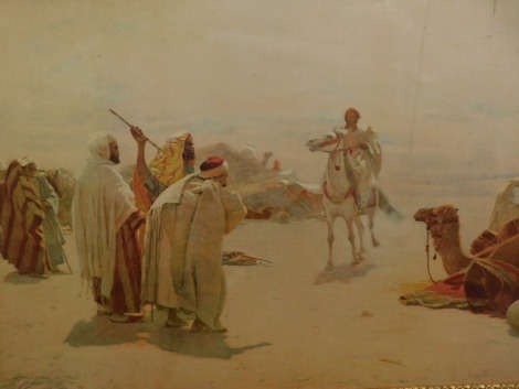 After Pilney. Egyptian scene, figure on horse aside figures and camel, print, 58cm x 81cm.