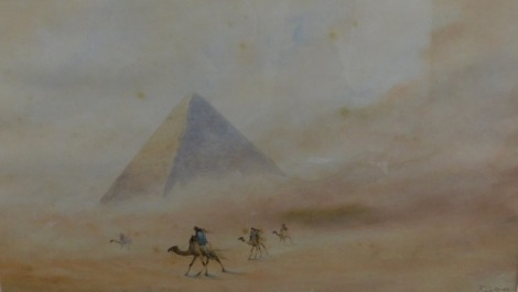 Frank Catano (1880-1920). Egyptian scene, figures on camels before pyramid, watercolour, signed, 29cm x 48cm.