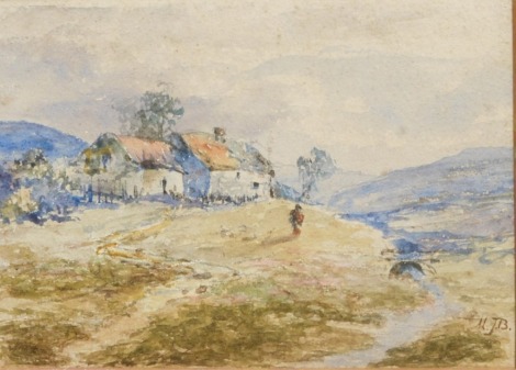 M. J .B. (19thC). Figure before cottage, watercolour, indistinctly titled verso, with A.W. Johnson label and Windsor House Antiques label, initialled, 13cm x 18cm.