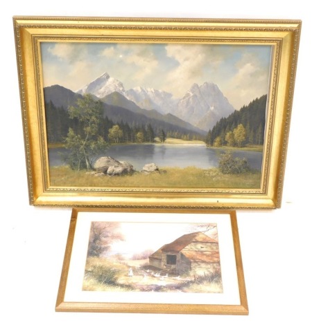 Mayer Henchen (20thC). Alpine scene, oil on canvas, signed, 52cm x 63cm, and a print. (2)