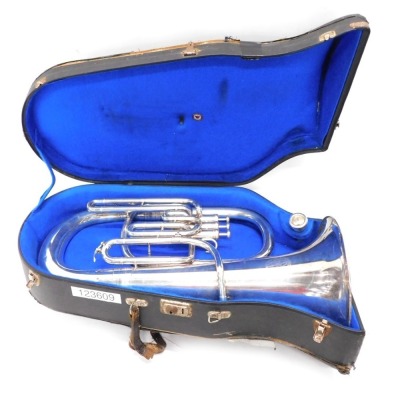 A Weltklang euphonium, with three valves, 60cm high, separate mouthpiece, in fitted case.