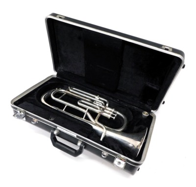 A Boosey and Hawkes Regent II euphonium, with three valves, 48cm high, separate mouthpiece, in fitted case.