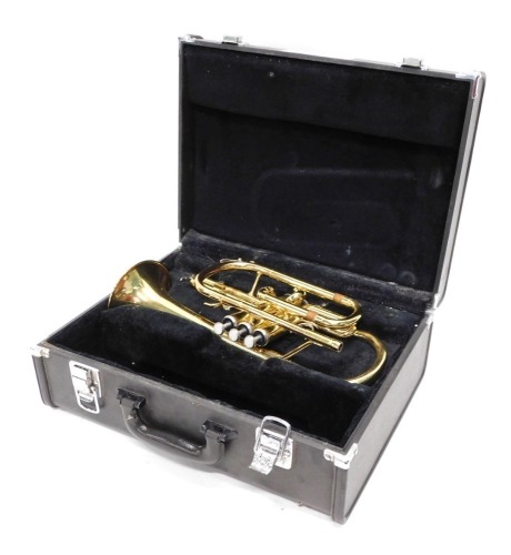 A Yamaha brass cornet, with three valves, 36cm long. (in Yamaha case)