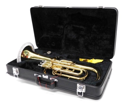 A Yamaha YAH203 304491 brass tenor horn, with three valves, 51cm high. (in Yamaha case)