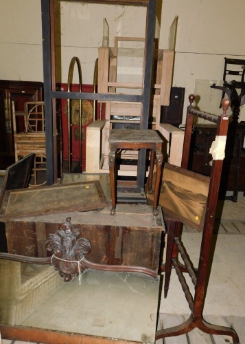 A 19thC mahogany dining table leaf stand, a rectangular section for an extending dining table, and 18thC panelled door, a low cupboard, two prints, a William IV overmantel, mirror, cheval mirror, frame, etc. (all AF) This lot is located at Oundle, Near Pe