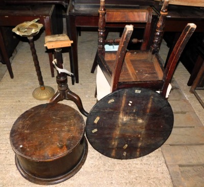 A stained pine cylindrical pedestal, 25cm high, 46cm diameter, a 19thC country made oak occasional table, two dining chairs, and a smoker's stand. This lot is located at Oundle, Near Peterborough, PE8, viewing and collection by appointment only by calling