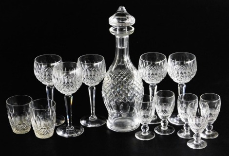 A group of Waterford Colleen pattern crystal, comprising a decanter and stopper, five hock glasses, a pair of water glasses and five port glasses.