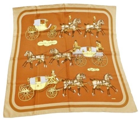 A Hermes Coach and Saddle silk scarf, designed by Ledoux, 86cm x 86.