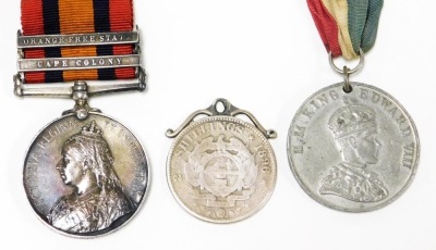 A Boer War Queens South Africa Medal, named to Pte J Seddons, 1st Loyal North Lancashire Regiment M.I., 5086, with clasps for Oramge Free State and Cape Colony, together with a late 19thC photograph of three British soldiers, mounted on camels in Egypt, S - 2