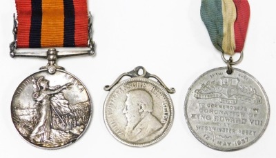 A Boer War Queens South Africa Medal, named to Pte J Seddons, 1st Loyal North Lancashire Regiment M.I., 5086, with clasps for Oramge Free State and Cape Colony, together with a late 19thC photograph of three British soldiers, mounted on camels in Egypt, S - 3