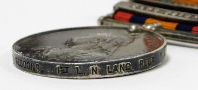 A Boer War Queens South Africa Medal, named to Pte J Seddons, 1st Loyal North Lancashire Regiment M.I., 5086, with clasps for Oramge Free State and Cape Colony, together with a late 19thC photograph of three British soldiers, mounted on camels in Egypt, S - 5