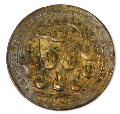 An Admiral Vernon The British Glory medal, commemorating his capture of Portobello, obverse showing the Admiral standing before a cannon with a ship beyond, verso the fleet in harbour and 'He took Porto Bello with six ships Nov 22nd 1739'.