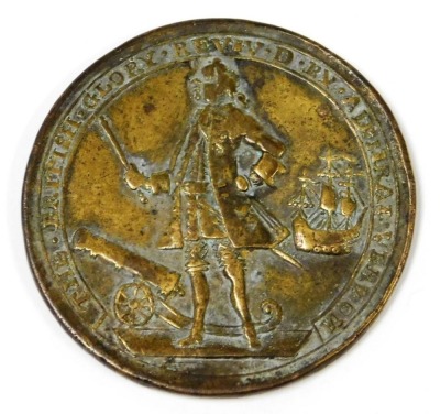 An Admiral Vernon The British Glory medal, commemorating his capture of Portobello, obverse showing the Admiral standing before a cannon with a ship beyond, verso the fleet in harbour and 'He took Porto Bello with six ships Nov 22nd 1739'. - 2