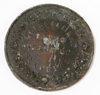 A St Helena Tavern Rotherhithe metal sixpence, by W J Taylor, showing an archway leading into a garden with buildings beyond, the pillars to the arch marked 'dinners dress'd' and 'tea gardens', 38mm wide - 2