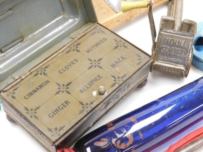 A group of 19thC and later kitchenalia, including a Bristol blue glass rolling pin, parsnip mouli, and a mouli grater, and a spice tin with compartments for cinnamon, cloves, etc. (a quantity) - 2