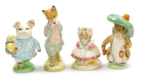 Four Beswick Beatrix Potter figures, comprising Little Pig Robinson, The Old Woman Who Lived In A Shoe Knitting, Benjamin Bunny, and Foxy Whiskered Gentleman.