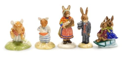 Two Royal Doulton Bramley Hedge figures, modelled as Pebble, DBH41, and Basil, DBH38, Bunnykins figure modelled as Summer Lapland, DB298, Groom Bunnykins, DB102, and Billie and Buntie Bunnykins Sleigh Ride, DB4. (5)