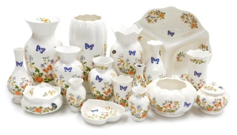 A group of Aynsley Cottage Garden pattern porcelain, including vases, bowls, three division hors d'oeuvre dish, and a heart shaped dish. (a quantity)