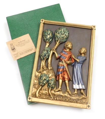 A Marcus Designs plaque 'To The Woods', relief decorated with a young lover entreating his mistress to go to the woods, boxed with certificate, 25cm x 17cm.