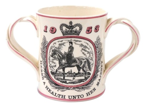 A Royal Doulton pottery loving cup, commemorating the Coronation of Her Majesty Queen Elizabeth II 1953, designed by Milner Gray, printed marks, 14cm high.