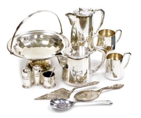 A group of plated wares, including a Mappin and Webb four piece tea set, three piece condiment set, and a fruit basket with a swing handle. (a quantity)