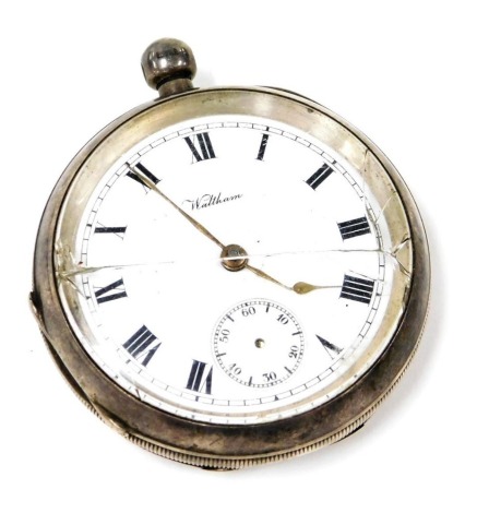 A George V silver cased gentleman's pocket watch, open faced, key wind, the circular enamel dial bearing Roman numerals, subsidiary seconds dial, American Watch Company, Waltham Massachusetts movement, number 19152894, the plain case with engraved shield 