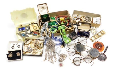 Silver and costume jewellery, including a French chatelaine, brooches, bracelet, necklaces, vintage spectacles, etc. (a quantity)