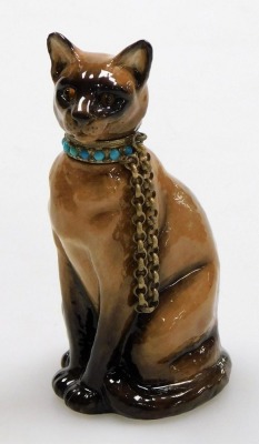 A Halcyon Days porcelain and silver gilt mounted scent bottle, modelled as a Burmese cat, the collar inset with turquoise stones, 7cm high, boxed with outer box. - 2