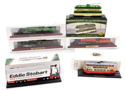 An Atlas Editions Eddie Stobart Volvo FH fridge trailer, Emma Jade, H4663, Blackpool Balloon tram, Feltham tram (UCC-1931), and three static locomotives, comprising LNER Flying Scotsman, Duchess of Sutherland LMS, and Pacific Chapelon Nord, all boxed. (6)