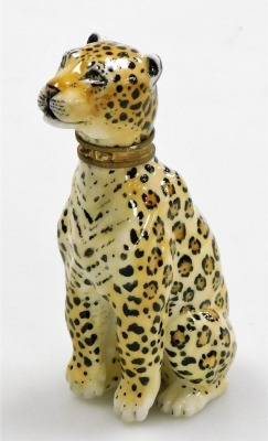 A Halcyon Days porcelain and silver gilt mounted scent bottle, modelled as a leopard, 8cm high, associated box. - 2