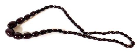 A string of graduated cherry amber beads, largest bead 27mm wide, 72.5g.