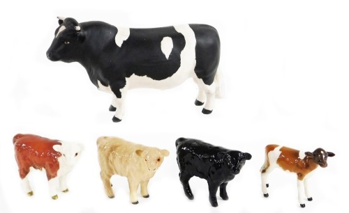 A Beswick matt Friesian bull, CH Coddington Hilt Bar, together with four Beswick calves. (5)