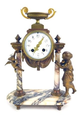 A 19thC French marble and spelter mantel clock, the Arabic numeral enamel painted dial decorated with flowers, eight day movement, the case surmounted by two handled vessel, above two marble columns, mounted with a figure of a female and a cherub, on an o